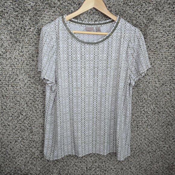 Chicos Easywear Top Womens 2 US Large Green Scoop Neck Printed Blouse Stretch - Picture 1 of 7